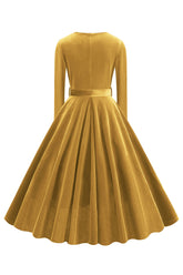 Gelbes V-Ausschnitt Kleid mit langen Ärmeln